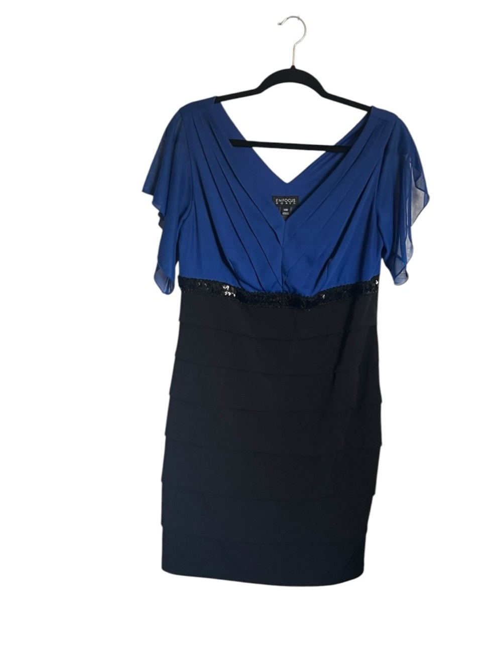 Enfocus Studio Blue and Black V-Neck Two-Tone Midi Dress